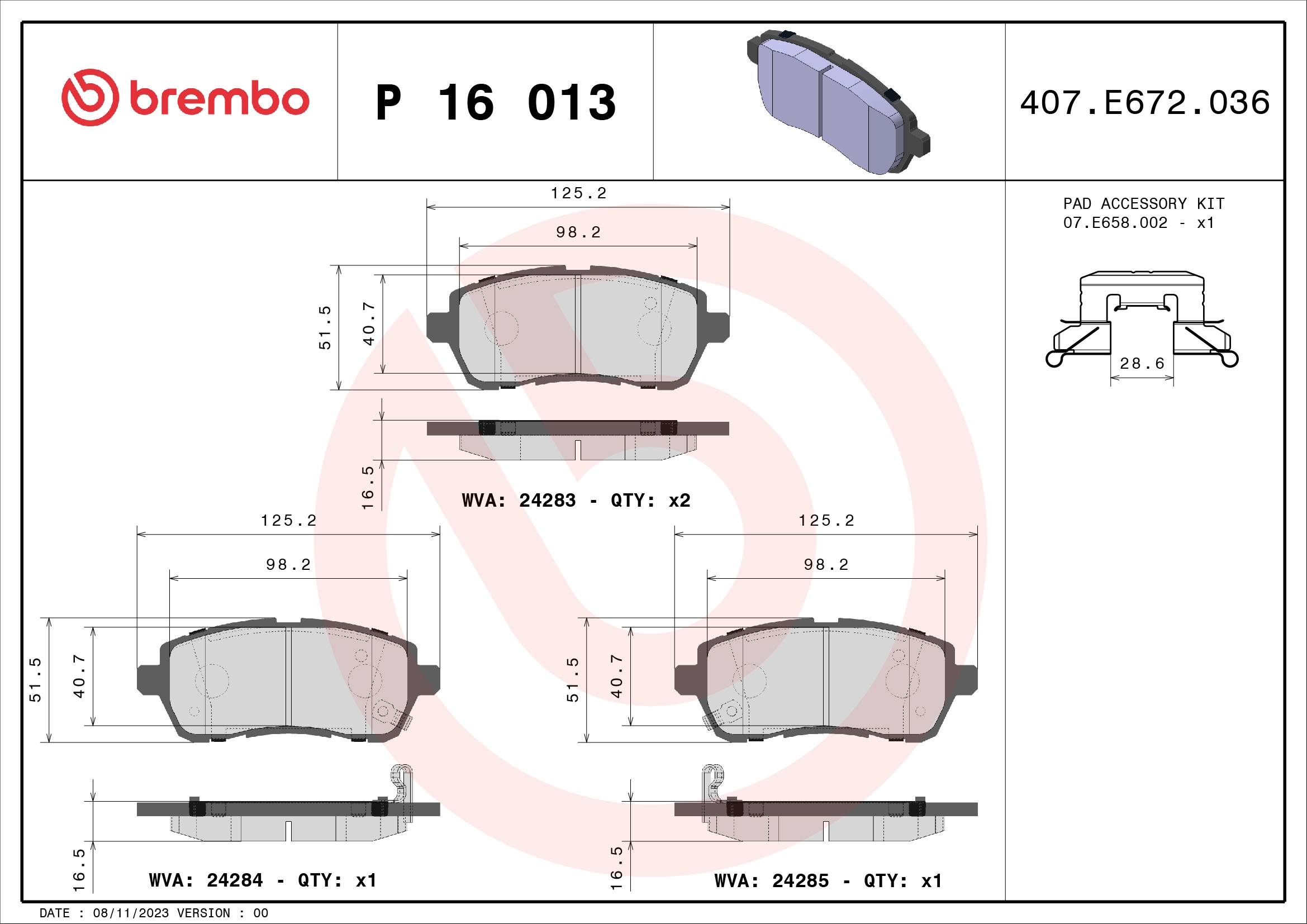 Колодки тормозные дисковые передние BREMBO P16013X