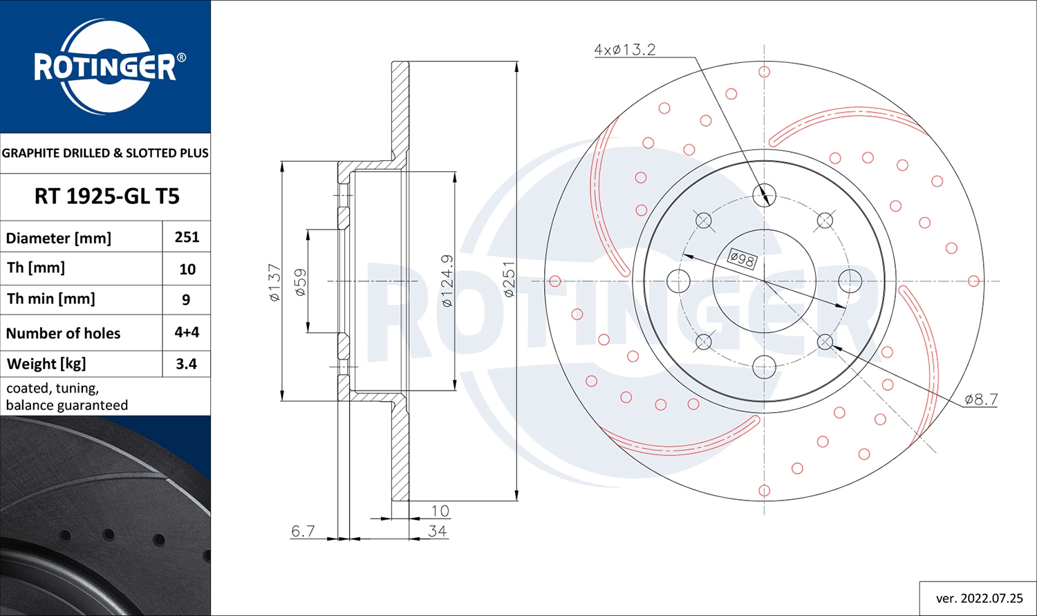 Тормозной диск graphite drilled slotted plus ROTINGER RT 1925-GL T5