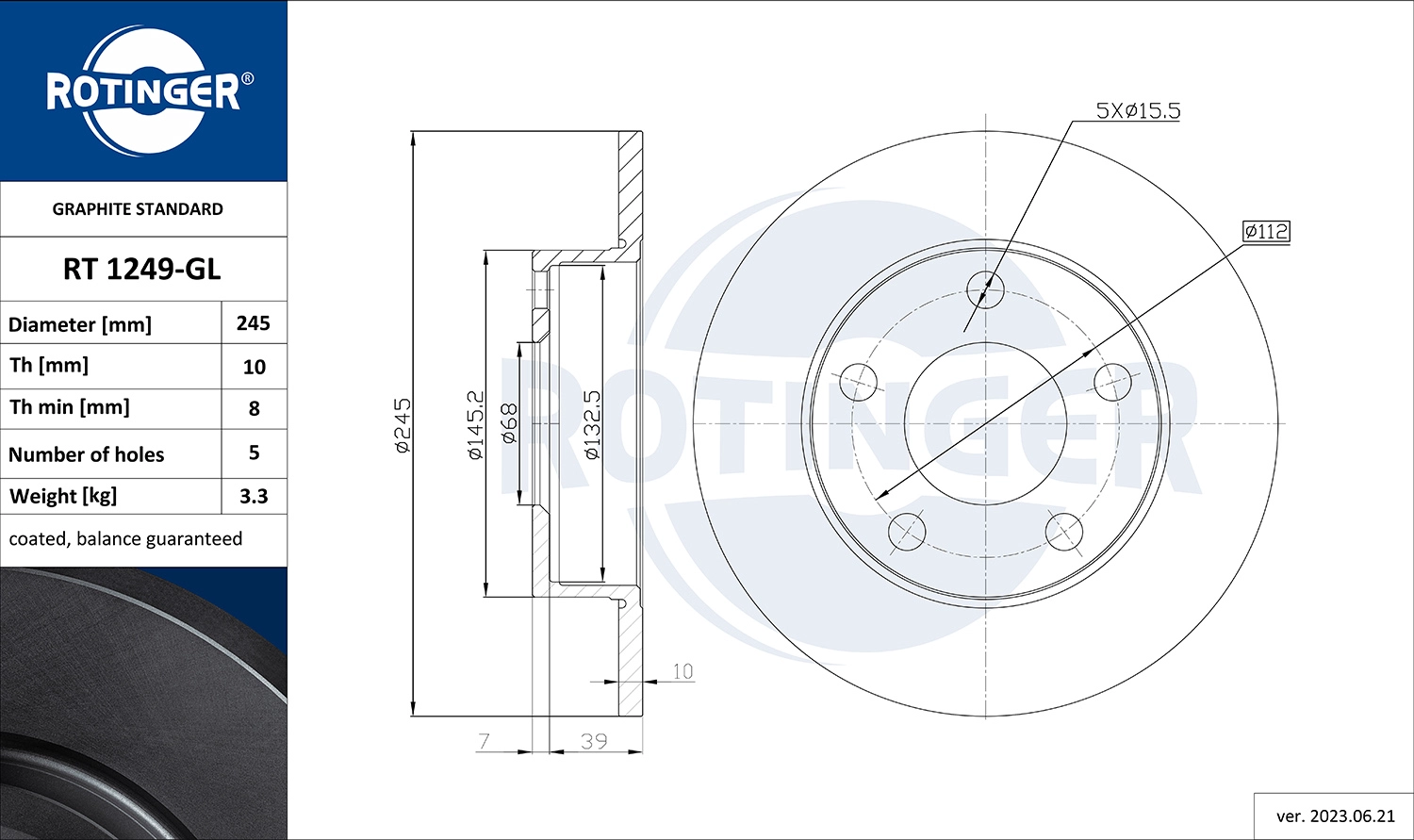 Тормозной диск graphite line ROTINGER RT 1249-GL