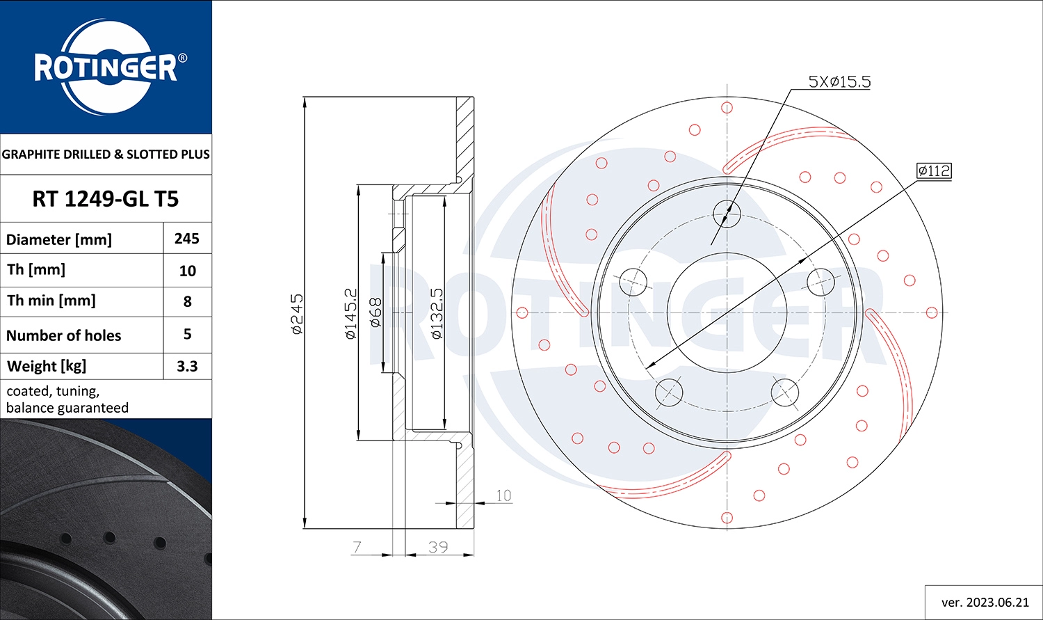 Тормозной диск graphite drilled slotted plus ROTINGER RT 1249-GL T5