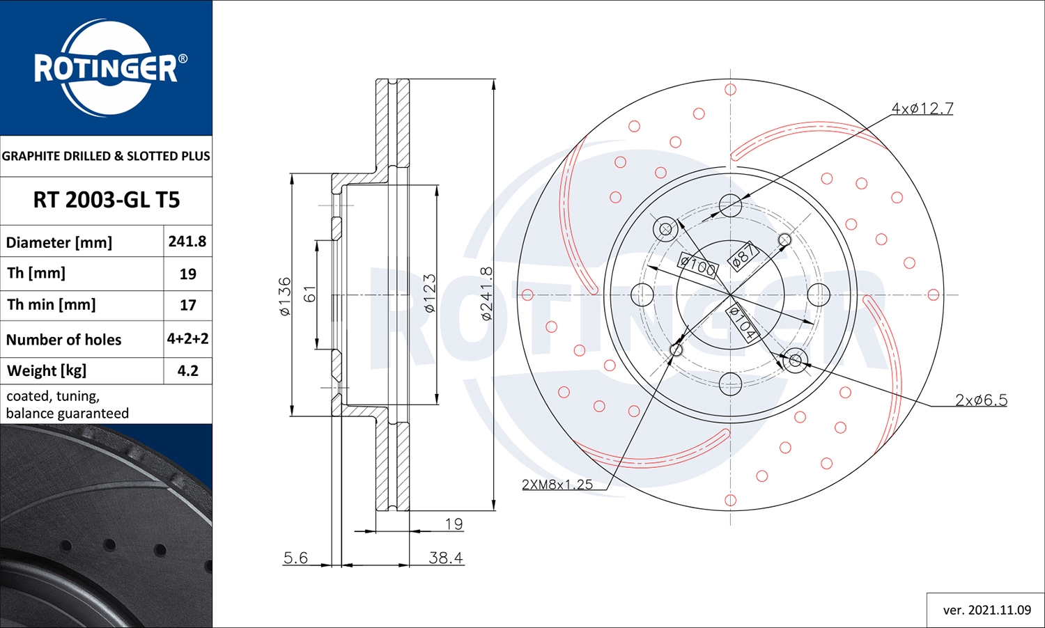 Тормозной диск graphite drilled slotted plus ROTINGER RT 2003-GL T5