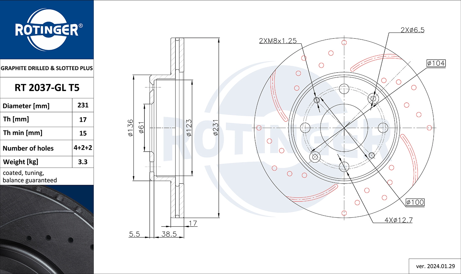 Тормозной диск graphite drilled slotted plus ROTINGER RT 2037-GL T5