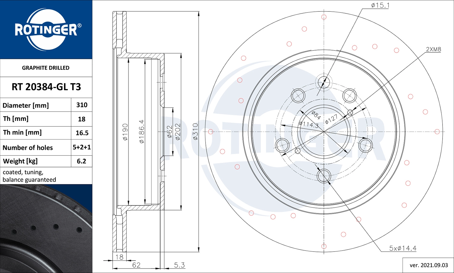 Тормозной диск graphite drilled ROTINGER RT 20384-GL T3
