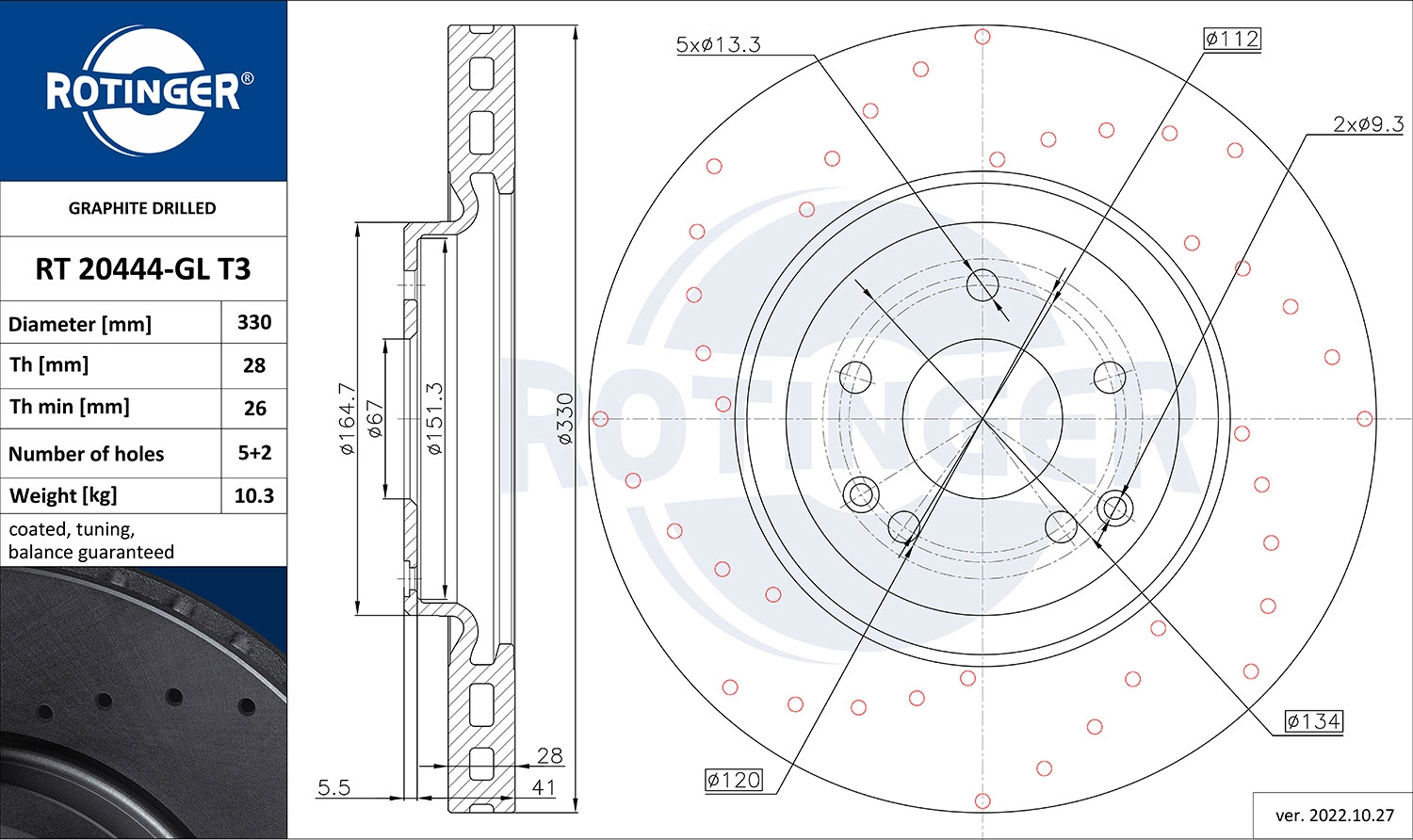 Тормозной диск graphite drilled ROTINGER RT 20444-GL T3
