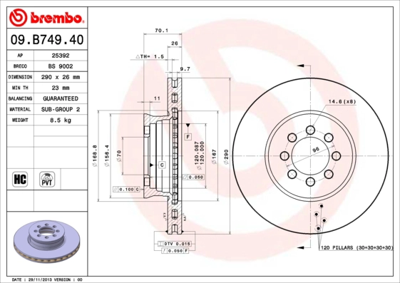 Тормозной диск prime line BREMBO 09.B749.40