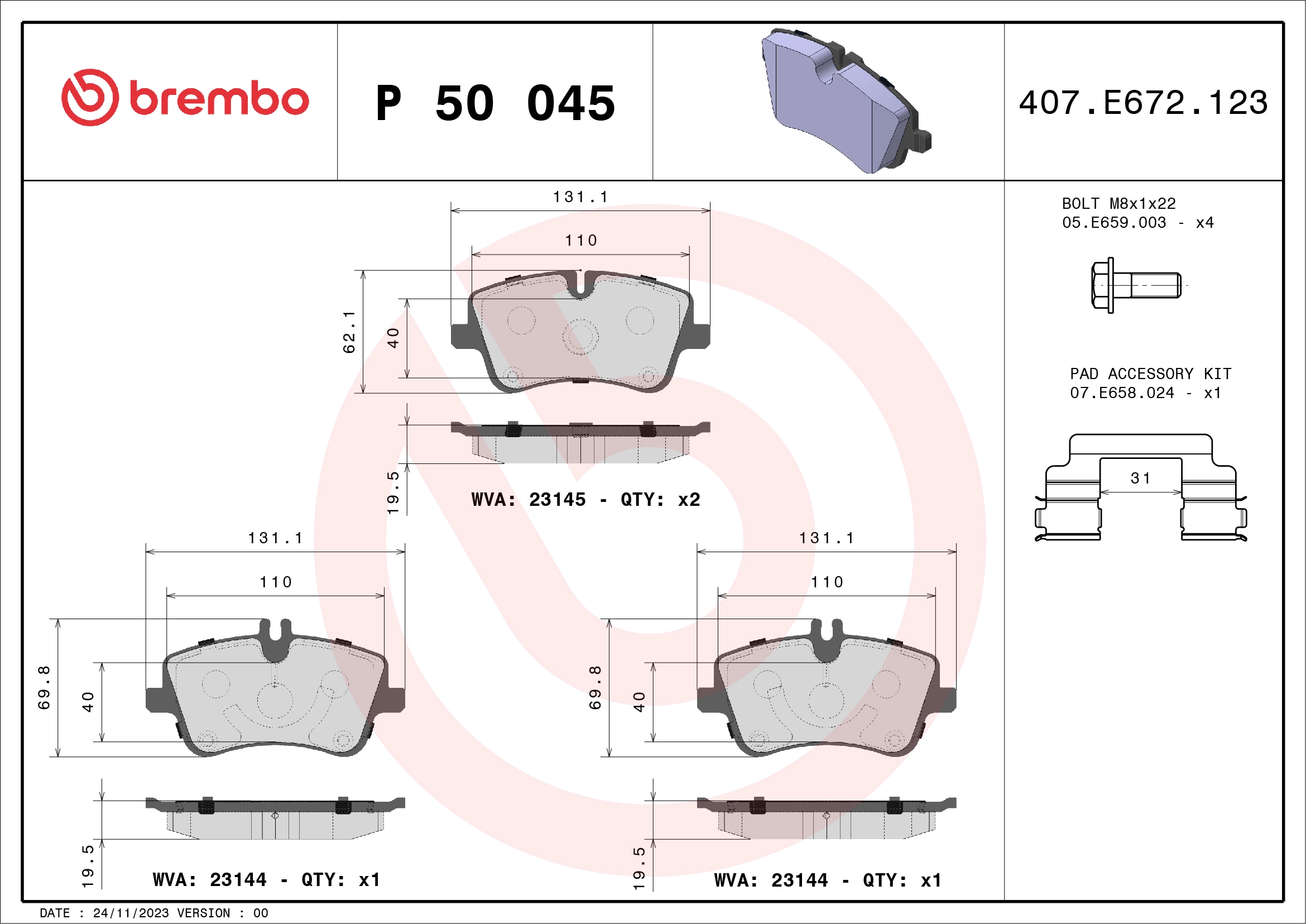 Комплект тормозных колодок дисковый тормоз xtra line BREMBO P 50 045X