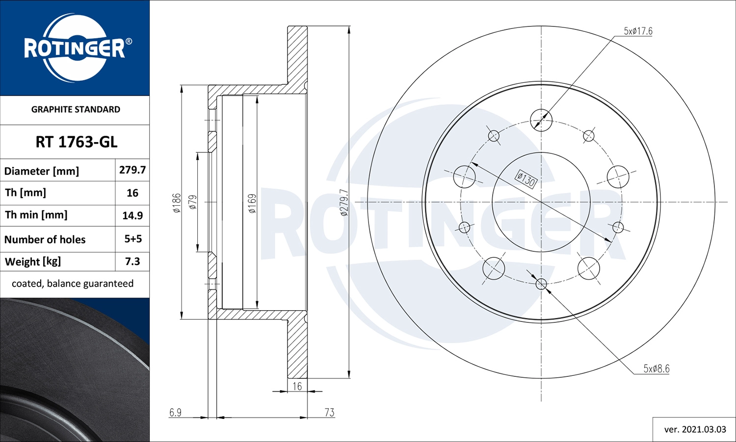 Тормозной диск graphite line ROTINGER RT 1763-GL