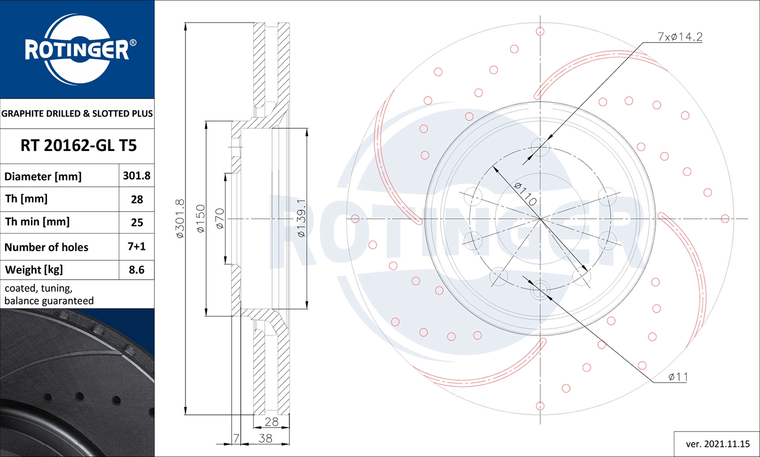 Тормозной диск graphite drilled slotted plus ROTINGER RT 20162-GL T5