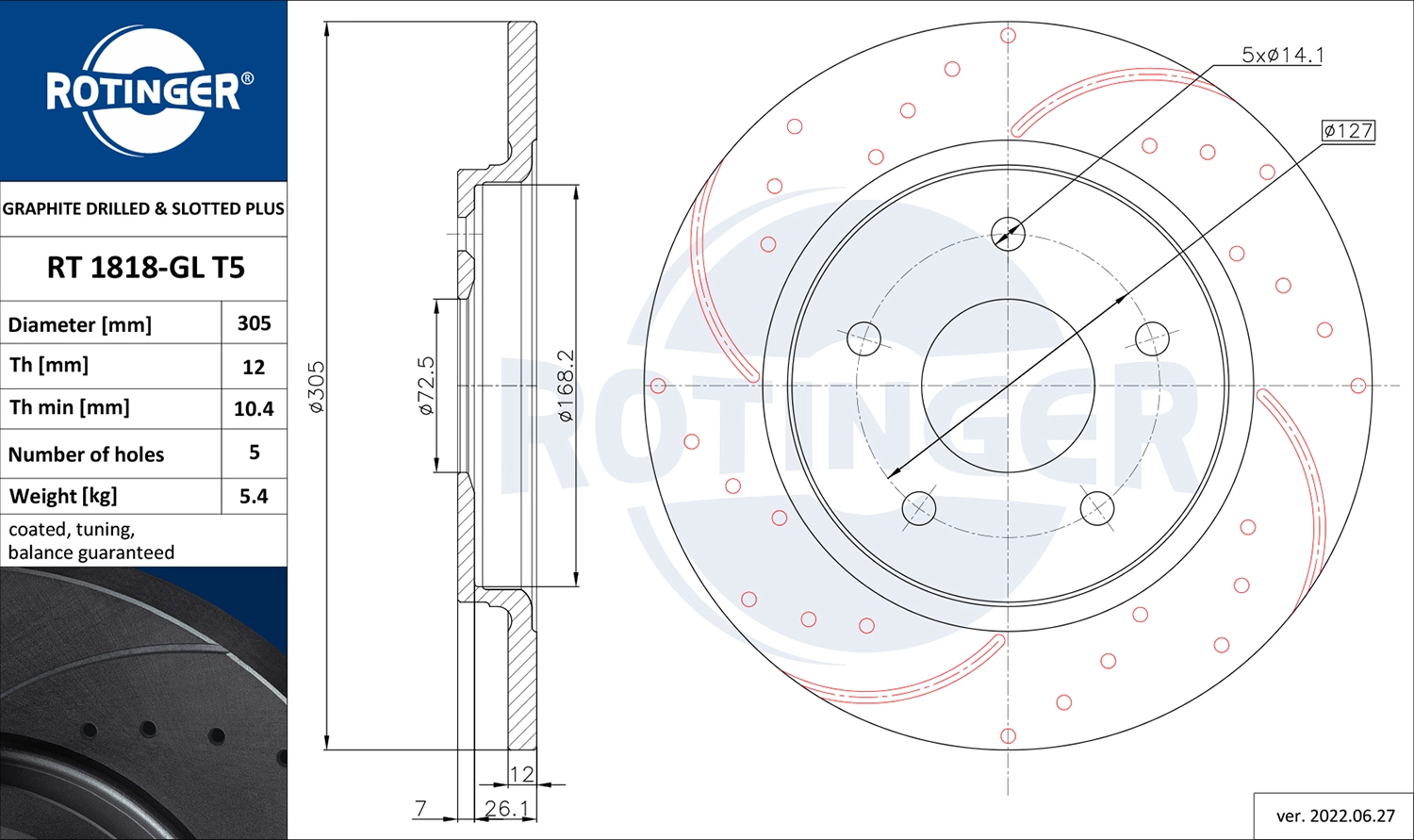 Тормозной диск graphite drilled slotted plus ROTINGER RT 1818-GL T5