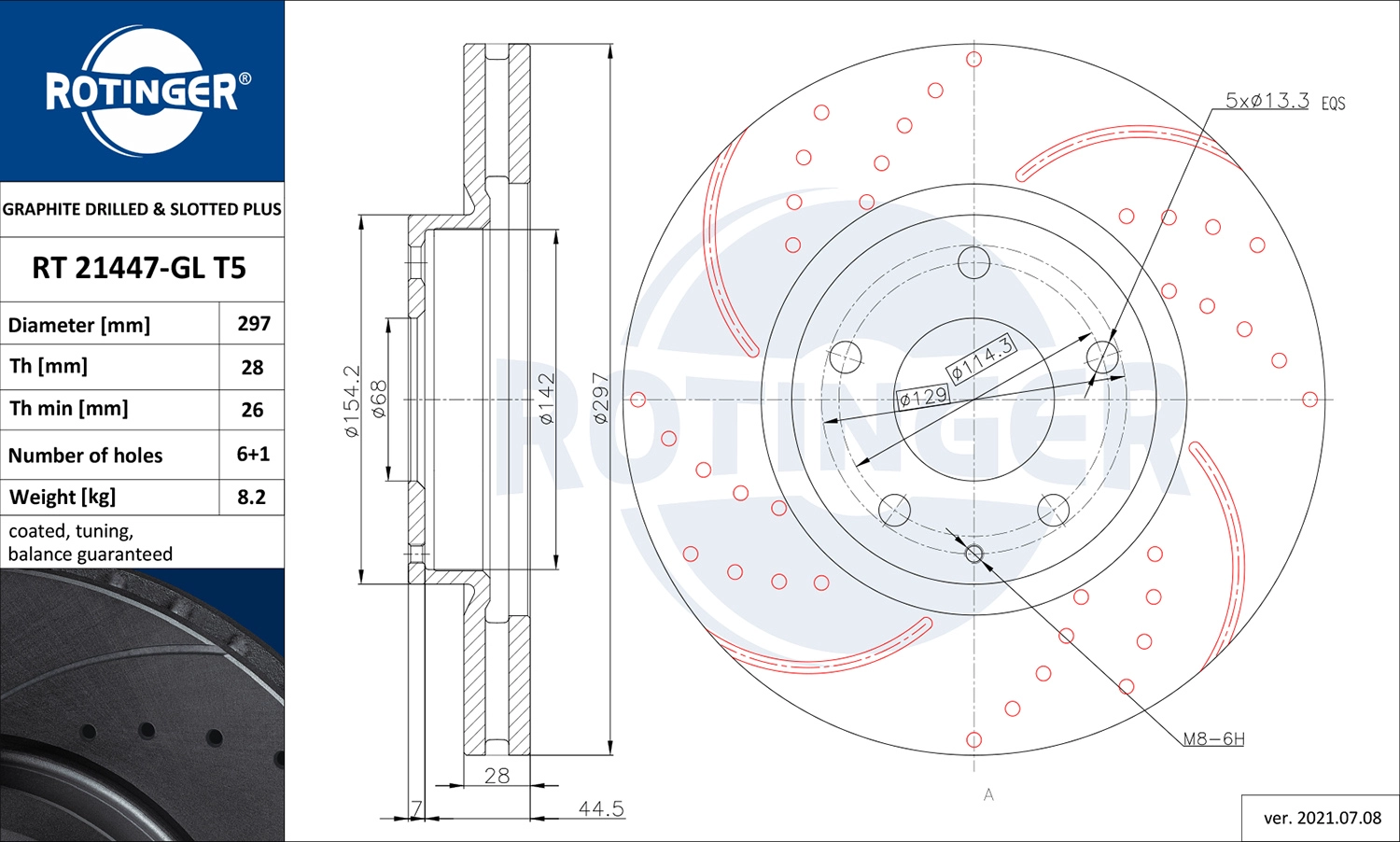 Тормозной диск graphite drilled slotted plus ROTINGER RT 21447-GL T5