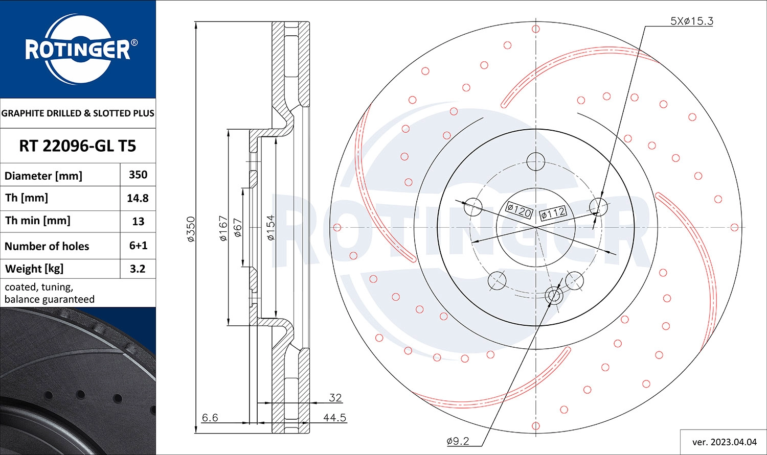 Тормозной диск graphite drilled slotted plus ROTINGER RT 22096-GL T5