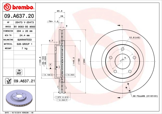 Тормозной диск prime line BREMBO 09.A637.20