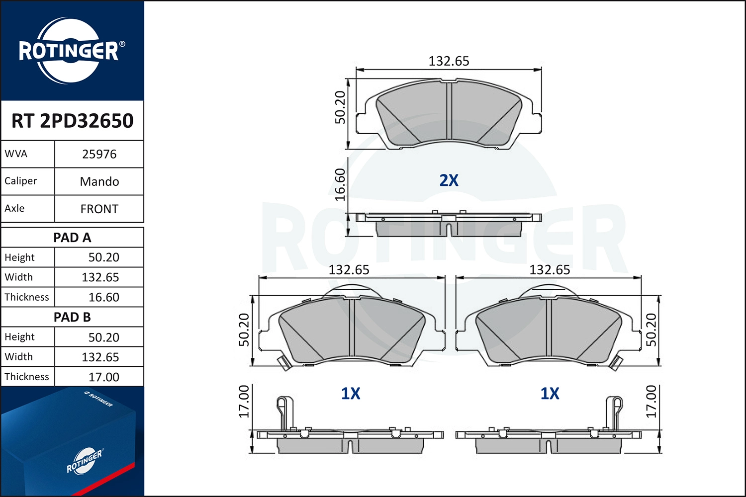 Комплект тормозных колодок дисковый тормоз ROTINGER RT 2PD32650