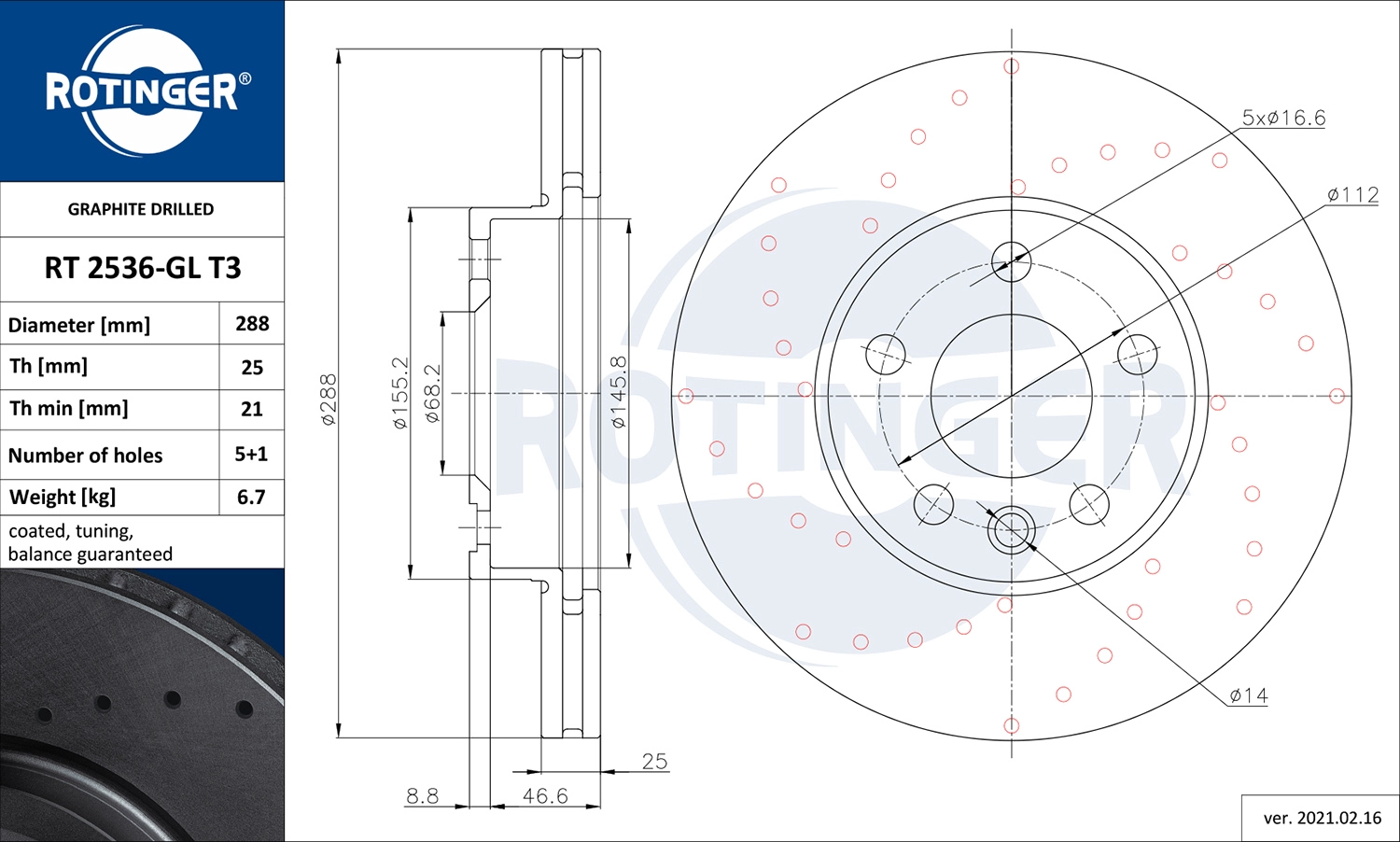 Диск тормозной графитовый перфорированный ROTINGER RT 2536-GL T3