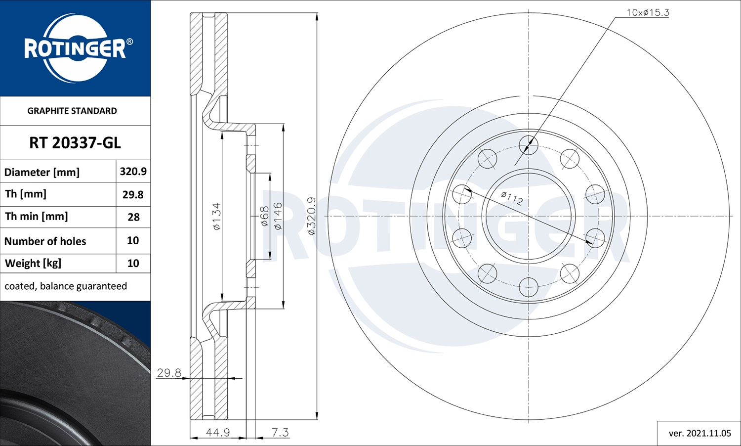 Диск тормозной графитовый ROTINGER RT 20337-GL