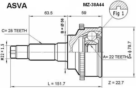 Шарнирный комплект приводной вал ASVA MZ-38A44