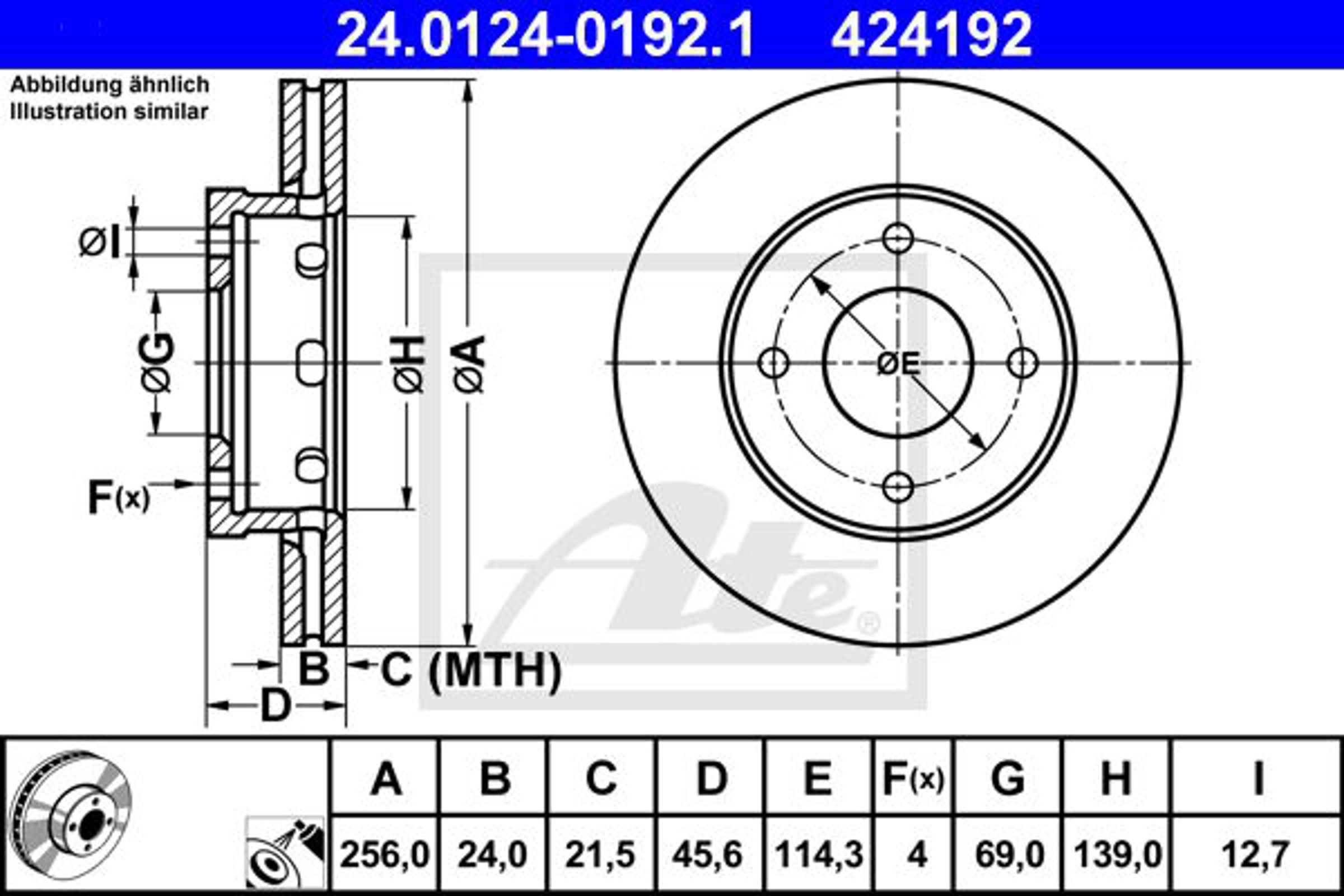 Тормозной диск перед. mitsubishi colt/smart forfour 1.1-1.5 04- (цена за 1шт) ATE 24.0124-0192.1