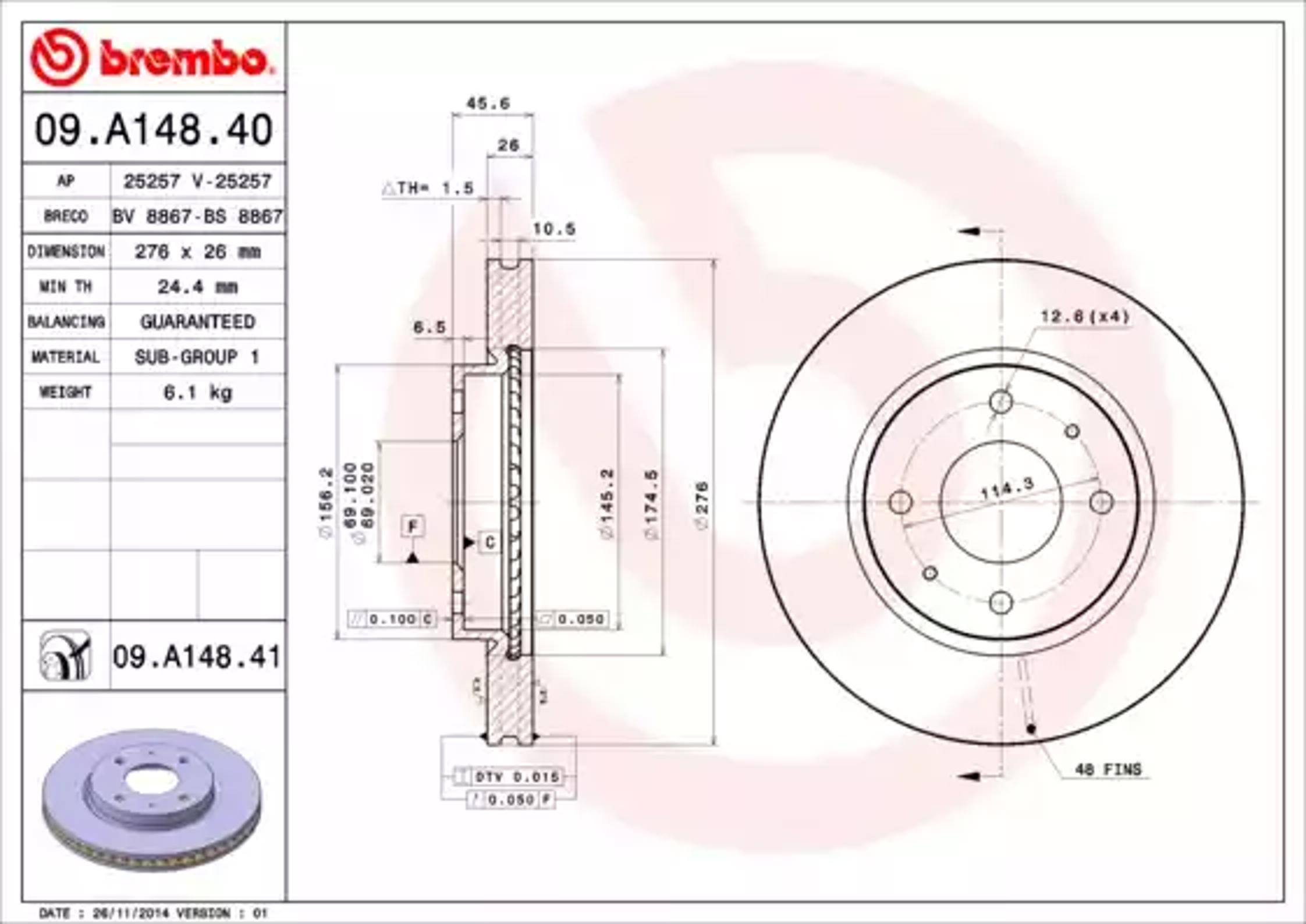 Диск тормозной BREMBO 09.A148.40