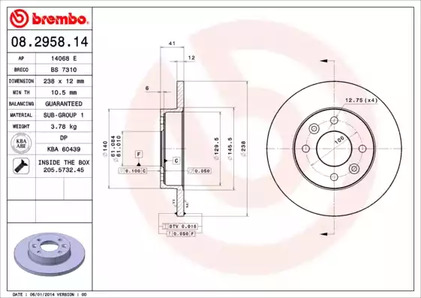 Диск тормозной BREMBO 08.2958.14