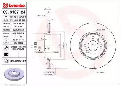 Тормозной диск BREMBO 09.8137.24