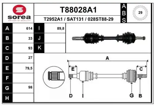 T88028a1 привод левый 614mm 33x27 abs29 EAI T88028A1