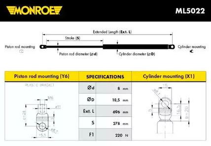 Газовая пружина крышки багажник MONROE ML5022