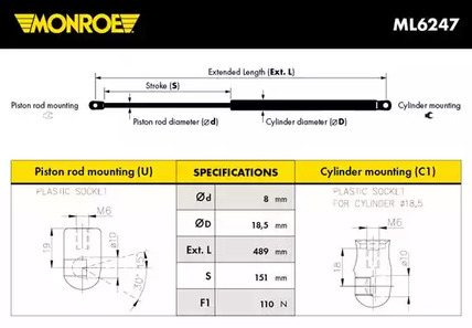 Газовая пружина крышки багажник MONROE ML6247