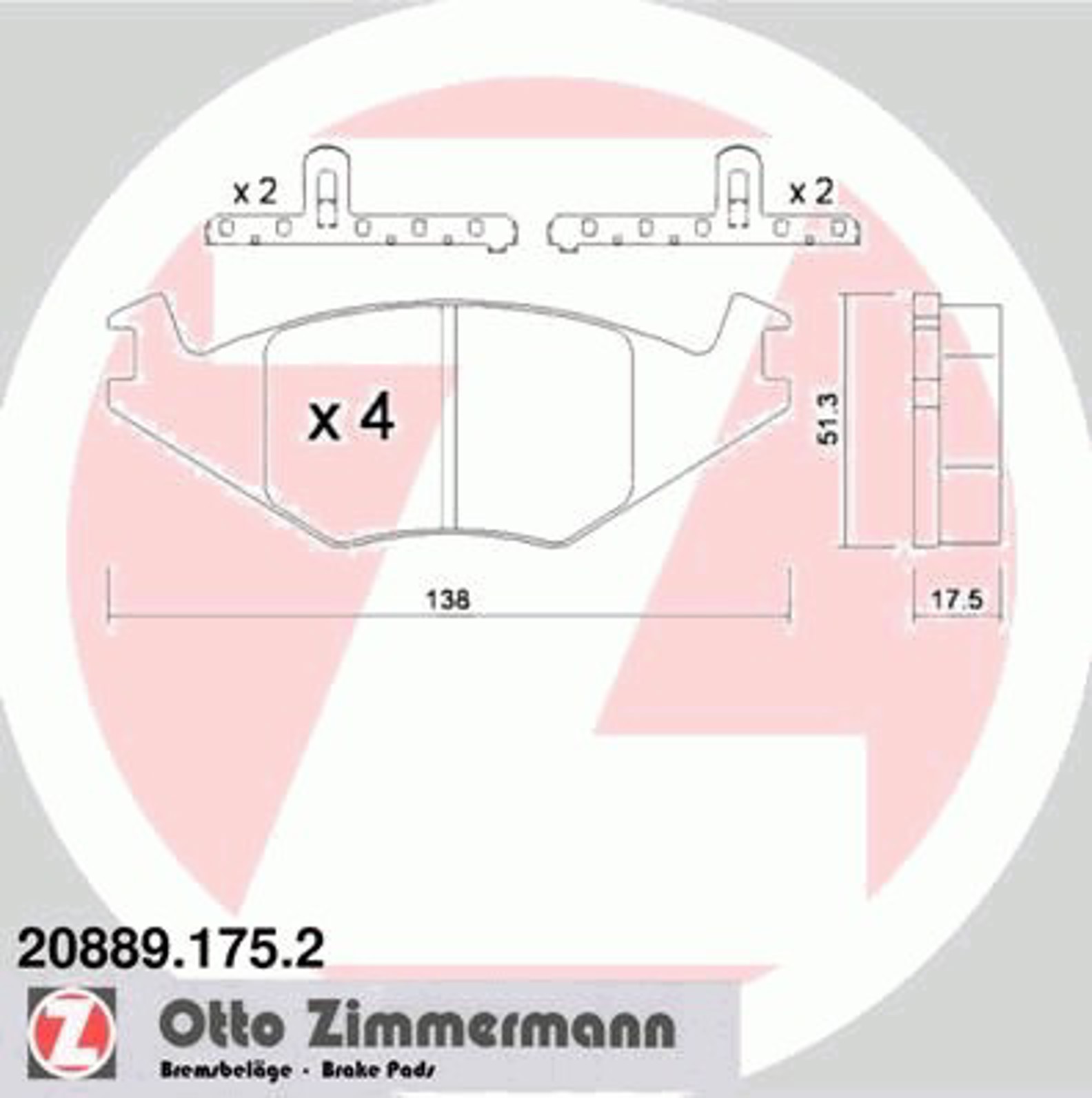 Колодки торм пер. vw golf ii 11-16 84-90 jetta 11-16d 83-88 polo 10-14 86- seat cordoba 1 ZIMMERMANN 20889.175.2